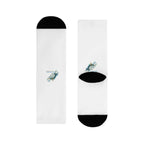 White Crew Socks with Minimal Fish Sublimation Design – Cute Nautical Novelty Socks