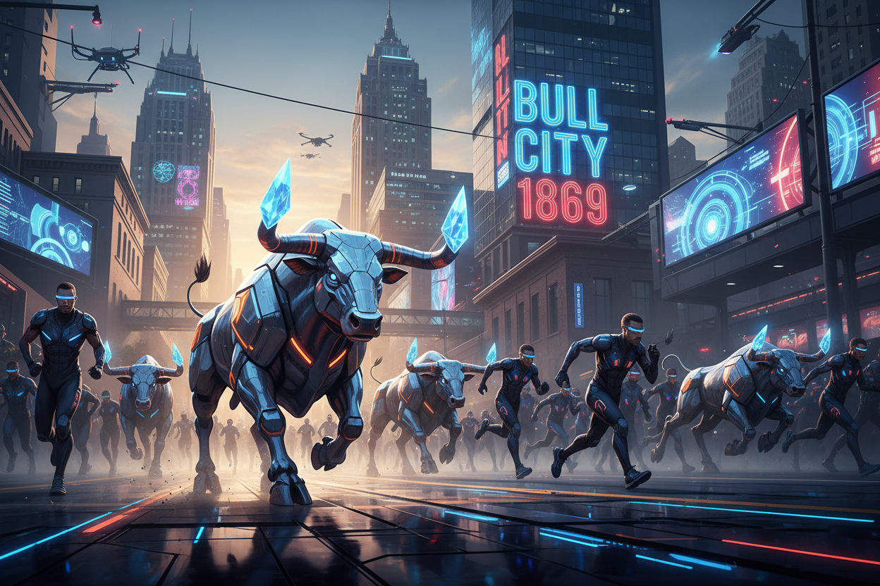 a futuristic running with the bulls. with durham city skyline. feature the phrase bull city 1869